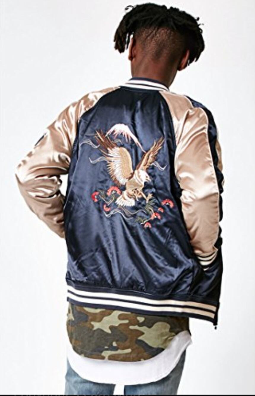 Pac Sun blue and tan embroidered eagle satin bomber jacket Size medium Y2K